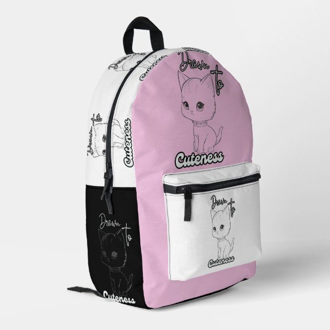 Monochrome Kitten with Playful Vibes Printed Backpack (Back Corner Left)
