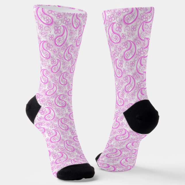 Monochrome lilac pink white paisley pattern. socks (Angled)