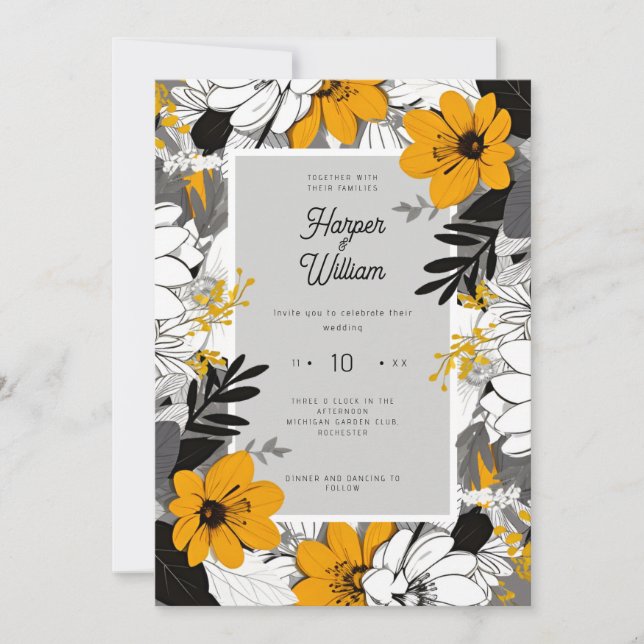 Monochrome line art flowers wedding invitation (Front)