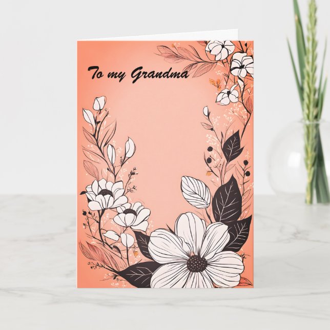 Monochrome Line Art Wreath on Coral Mother's Day Holiday Card (Front)