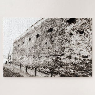 Monochrome Medieval Fortress Brick Wall Jigsaw Puzzle