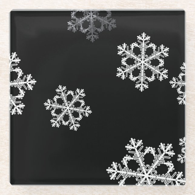 Monochrome Minimalist Snowflake Christmas Pattern Glass Coaster (Front)