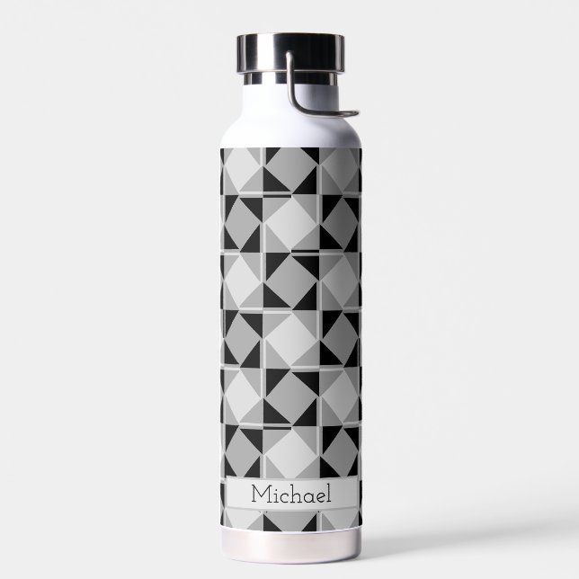 Monochrome Modern Geometric Pattern | Personalized Water Bottle (Left)