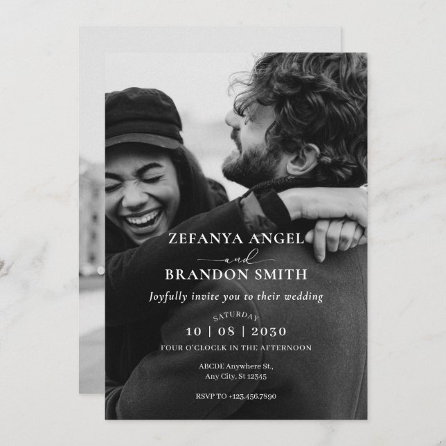 Monochrome modern minimalist photo wedding  invitation (Front/Back)