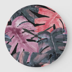 Monochrome Monstera: Watercolor Tropical Pattern. Large Clock