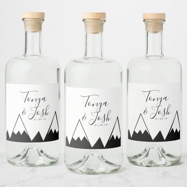 Monochrome Mountain Top Country Wedding Liquor Bottle Label (Bottles)