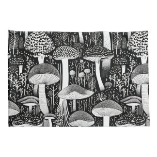 Monochrome Mushroom Forest Illustration Pillowcase