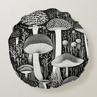 Monochrome Mushroom Forest Illustration Round Pillow