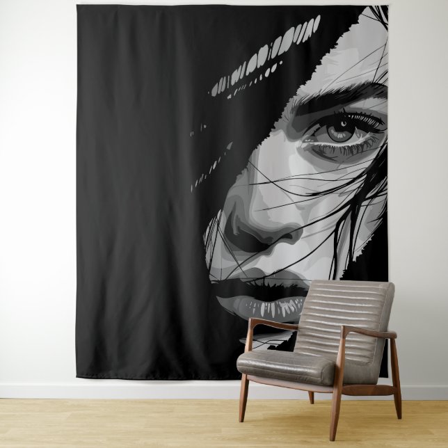 Monochrome Mysterious Portrait Art Tapestry (In Situ)