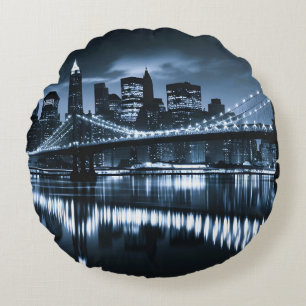 Monochrome New York Skyline Nightscape Round Pillow