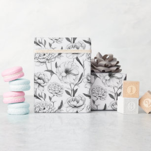 Monochrome Peony Flower Pattern Wrapping Paper