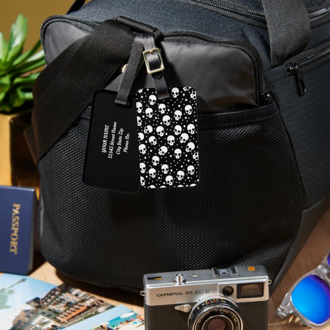 Monochrome Polka Dot Skull Luggage Tag (Front & Back)