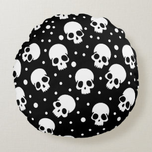 Monochrome Polka Dot Skull Round Pillow