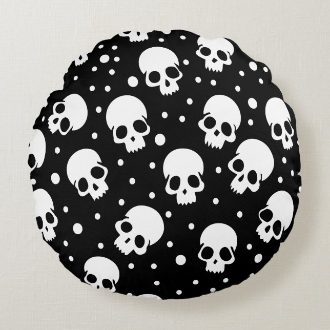 Monochrome Polka Dot Skull Round Pillow (Front)