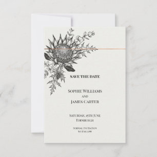 Monochrome Protea Thistle Wedding Save the Date