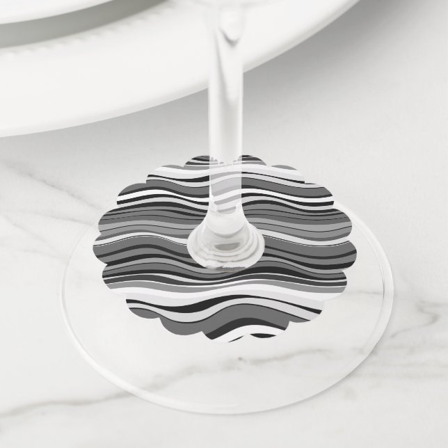 Monochrome Ripples Pattern Wine Glass Tag (Close Up)