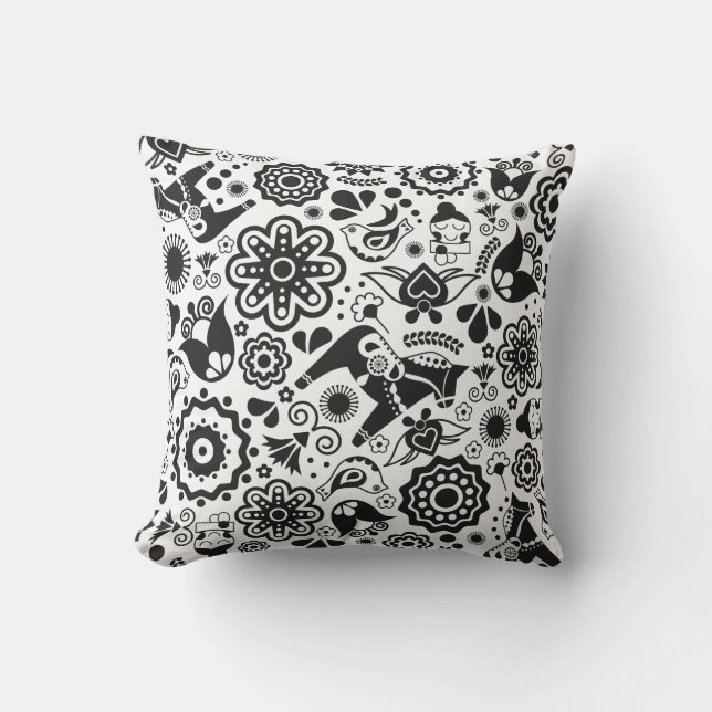 Monochrome Scandinavian folk art Throw Pillow (Front)