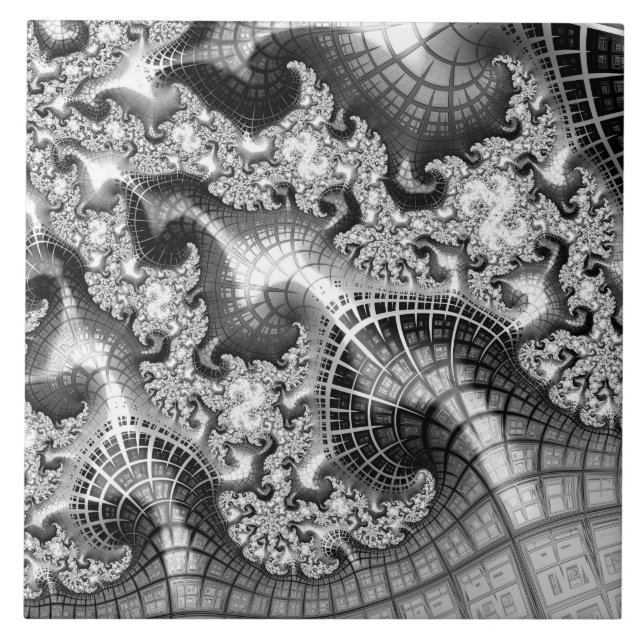 Monochrome Silver Towers Fractal Abstract Art Tile (Front)