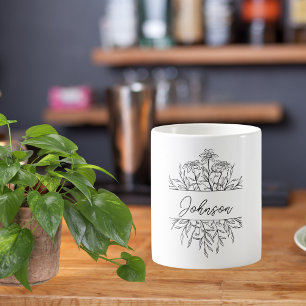 Monochrome Sketched Floral Monogram Coffee Mug