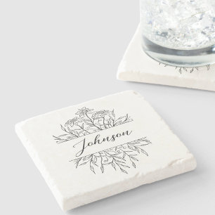 Monochrome Sketched Floral Monogram  Stone Coaster