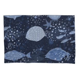 Monochrome sleeping fishes, dark pattern. pillowcase