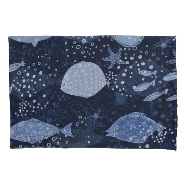 Monochrome sleeping fishes, dark pattern. pillowcase (Front)