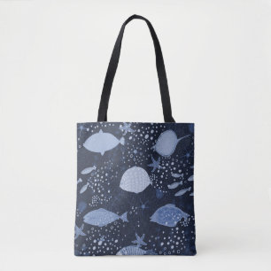 Monochrome sleeping fishes, dark pattern. tote bag