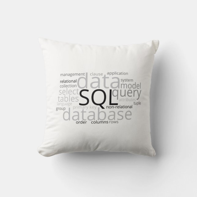 Monochrome SQL Database Word Cloud Throw Pillow (Front)