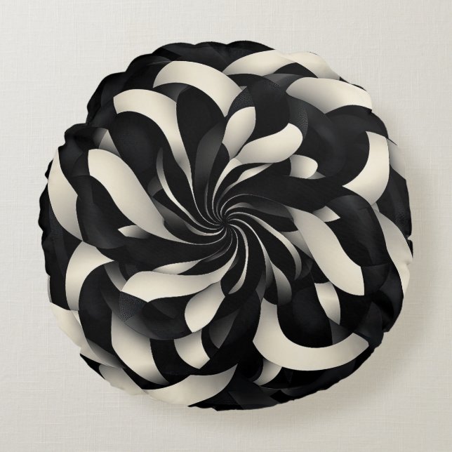 Monochrome Swirl of Elegance Round Pillow (Front)