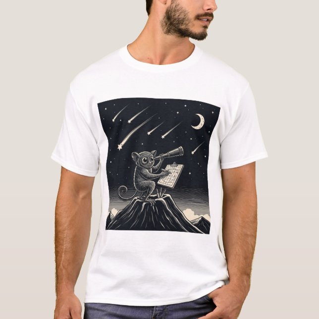 Monochrome Tarsier Astronomer - Night Sky  Ai-Art T-Shirt (Front)