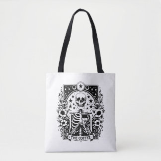 Monochrome "The Coffee" Skeleton Tarot Card | Tote Bag