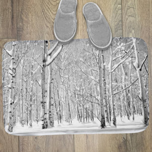 Monochrome Towering Aspen Trees in Winter Snow Bath Mat