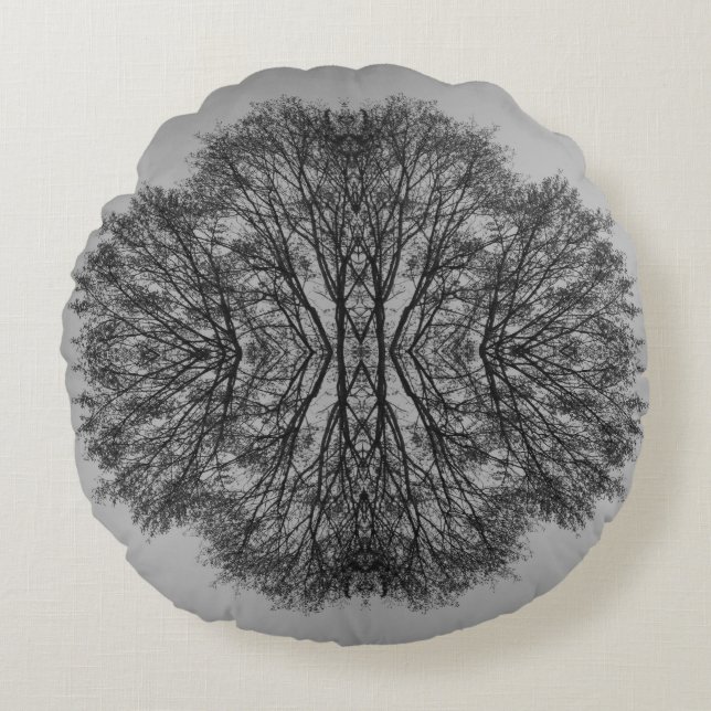 Monochrome Tree Reflection Round Pillow (Front)