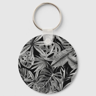 Monochrome Tropical, Watercolor Leaves Texture. Keychain