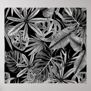 Monochrome Tropical, Watercolor Leaves Texture. Poster