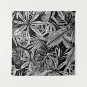 Monochrome Tropical, Watercolor Leaves Texture. Tapestry