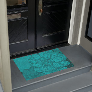 Monochrome Turquoise Dahlia Floral Pattern Doormat