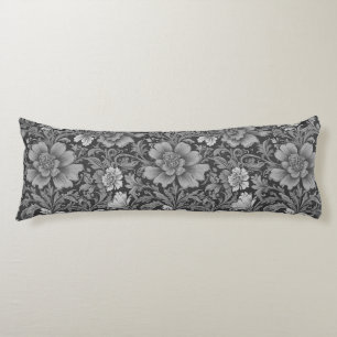 Monochrome Vintage Floral Pattern Body Pillow