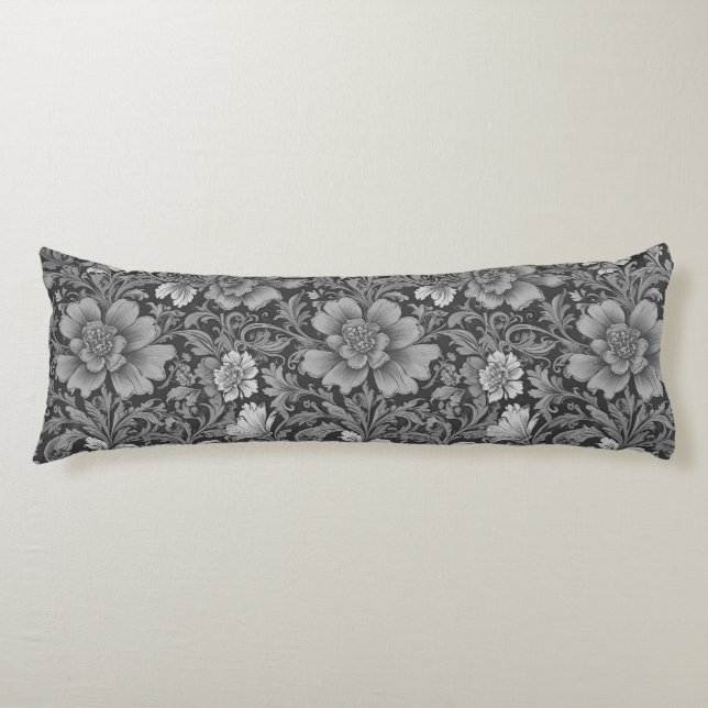 Monochrome Vintage Floral Pattern  Body Pillow (Front)