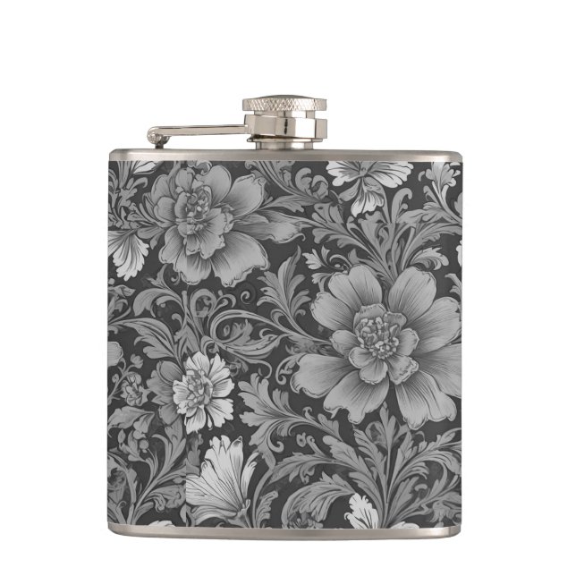 Monochrome Vintage Floral Pattern  Hip Flask (Front)