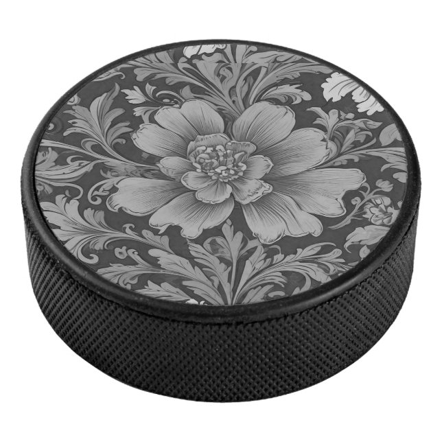 Monochrome Vintage Floral Pattern  Hockey Puck (3/4)