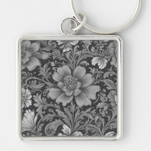 Monochrome Vintage Floral Pattern Keychain