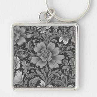 Monochrome Vintage Floral Pattern Keychain