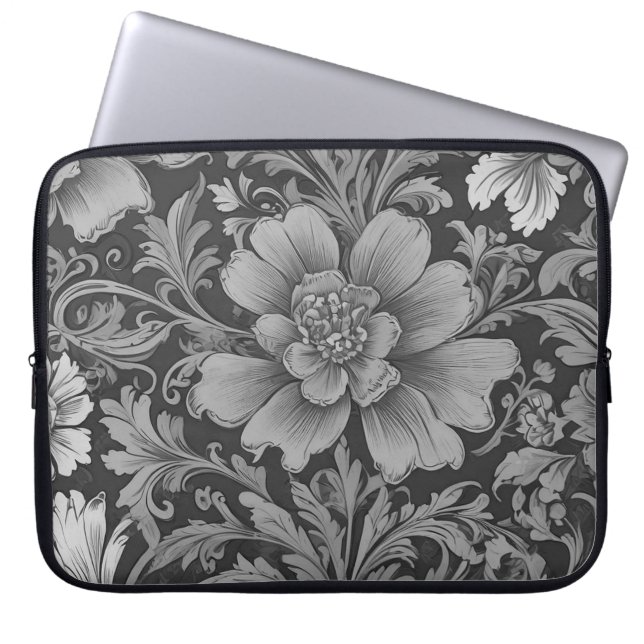 Monochrome Vintage Floral Pattern  Laptop Sleeve (Front)