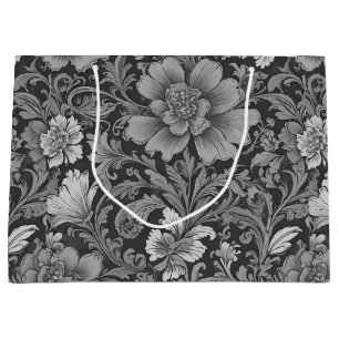 Monochrome Vintage Floral Pattern Large Gift Bag