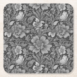 Monochrome Vintage Floral Pattern Square Paper Coaster