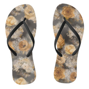 monochrome watercolor golden decorative flowers on flip flops