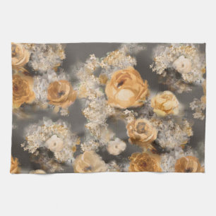 monochrome watercolor golden decorative flowers on kitchen towel