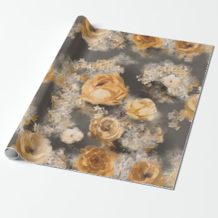 monochrome watercolor golden decorative flowers on wrapping paper