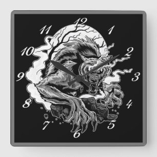 Monochrome Werewolf Moon Square Wall Clock